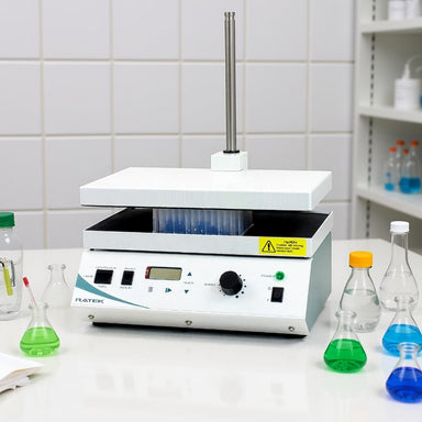 Ratek MTV1 Multi-Tube Vortex Mixer sitting on Laboratory Bench Front Angled Left View