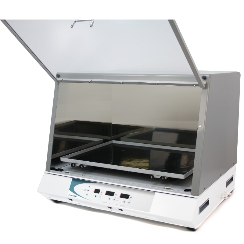 Ratek OM25 Extra Large Digital Shaking Incubator with Lid Open Front Angled Left View
