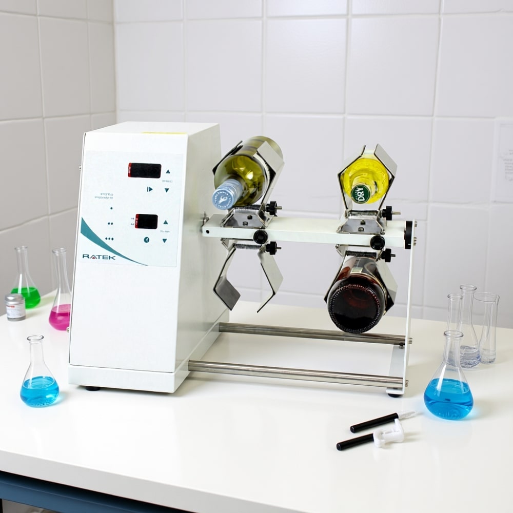 Ratek RM4+4xUMC2 Large Rotary Mixer sitting on Laboratory Bench Front Angled Right View