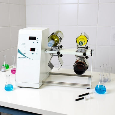 Ratek RM4+4xUMC2 Large Rotary Mixer sitting on Laboratory Bench Front Angled Right View