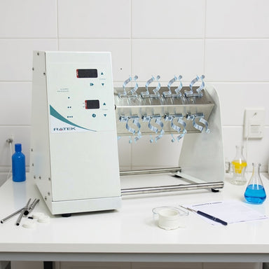 Ratek RM4+RM4CT Medium Rotary Mixer sitting on Laboratory Bench Front Angled Right View