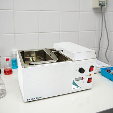 Ratek SWB10D240 Compact Digital Shaking Waterbath sitting on Laboratory Bench Angled Right Front View