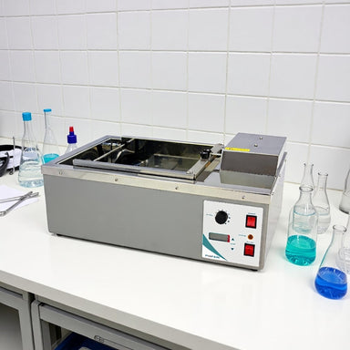 Ratek SWB20D Large Digital Shaking Waterbath sitting on Laboratory Bench Angled Right Front View