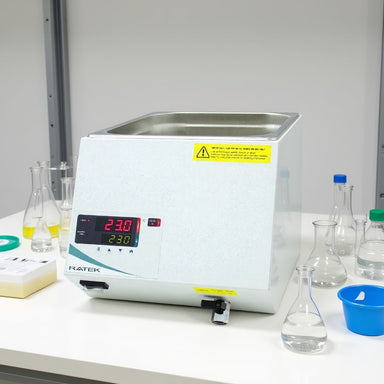 Ratek WB12000D 12 Ltr Un-Circulated Digital Waterbath sitting on Laboratory Bench Front Angled Left View