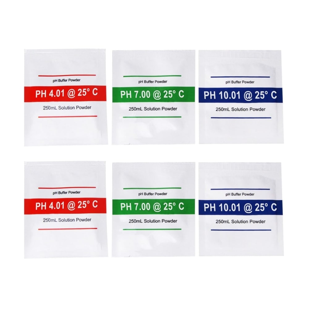 pH buffer powder set (4.01. 7.00. 10.01) 2Pk of 3 x Satchels Standing Side by Side Upright Facing Forwards Front View